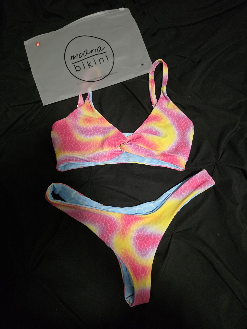 moana bikini Sirem Print Pink Yellow Tie-Dye Swimsuit with Blue Lining